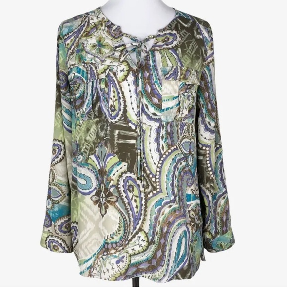 Chico's Women's Taupe Green Turquoise Paisley Lace Up Tie Neck Blouse Top - Picture 1 of 11